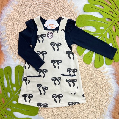 Conj. Blusa Manga Longa Ribana e Salopete de Moletom Laços - Preto e Areia